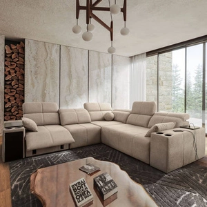 Rohová sedací souprava s funkcí spaní Tesalia III Lux béžová levá pohodlná rohová sedací souprava s výsuvnou podnožkou a posuvnou funkcí opěradla