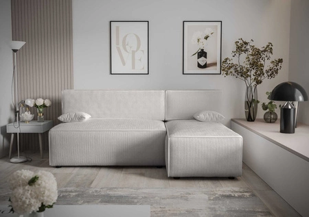 Rohová sedací souprava s funkcí spaní Brandon slonová kost pravý roh trojrozměrná pruhovaná látka s výrazným pruhem úložný box na lůžkoviny