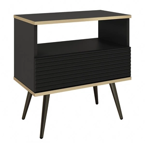 Luxusní noční stolek se zásuvkou černý elegantní design skříňka se zlatým lemováním skříňka s rýhovaným čelem černé vysoké nohy