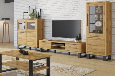 Sestava nábytku do obývacího pokoje Halle dub wotan stylový design stabilní kovová základna úchyty na hranách nábytek v loftovém stylu