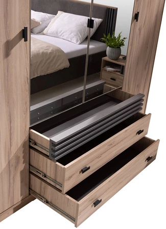 Ložnicová sestava nábytku Estan dub světlý / antracit nadčasový design ložnicová sestava nábytku prostorná posuvná skříň se zrcadlem