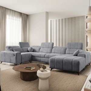 Rohová pohovka Penejos IV s funkcí spaní šedá pravostranná stylová rohová pohovka se dvěma lůžkovinami odolná látka