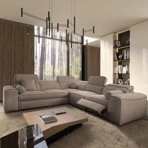 Rohová pohovka s funkcí spaní Viano III Lux světle hnědá pravá moderní rohová pohovka s výsuvnou podnožkou kontejner na ložní prádlo