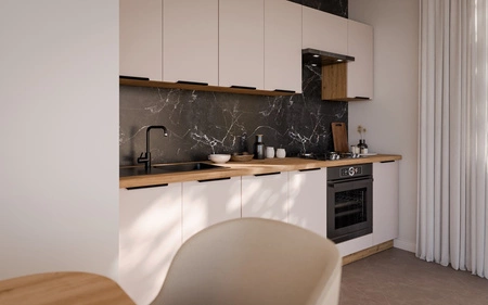 Sada kuchyňského nábytku Soela 260 cm elegantní kuchyňské skříňky v jemných a přírodních barvách úchyty s kovovými hranami