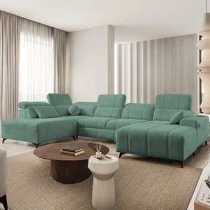 Rohová pohovka s funkcí spaní Penejos VI zelená pravostranná stylová rohová pohovka se dvěma lůžkovinami odolná látka