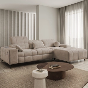 Rohová sedací souprava s funkcí spaní Penejos tmavě béžová pravá elegantní rohová sedací souprava s úložným prostorem na lůžkoviny nastavitelné opěrky hlavy