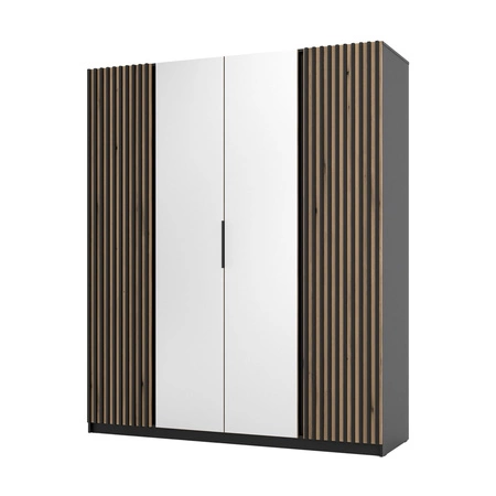 Šatní skříň se zrcadlem Kastano XII 200 cm černá / dub evokuje stylový design dveře šatní skříně zdobené černými lamelami ideální pro ložnice