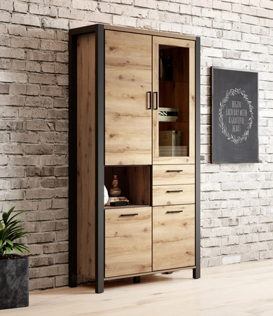 Activ 100 cm dub taurus / černá stylový design bezpečná vitrína z tvrzeného skla se zásuvkou v industriálním stylu