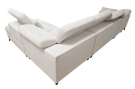 Rohová pohovka s funkcí spaní Penejos XI krémová pravá pohodlná rohová pohovka s nastavitelnými opěrkami hlavy a dvěma přihrádkami na lůžkoviny