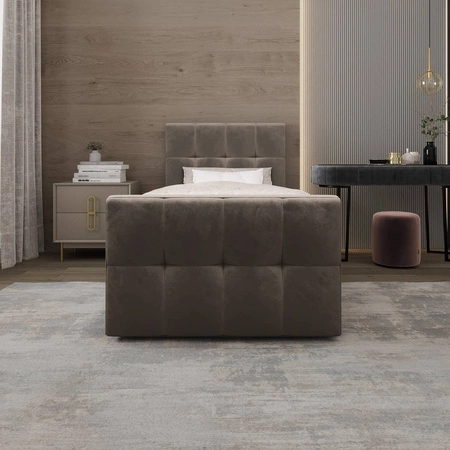 Kontinentální postel Manhattan 120x200 světle hnědá v moderním skandinávském stylu s čalouněným čelem a nohou postele s úložným boxem