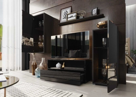 Univerzální a stylová nástěnná skříňka Olimpia černá / černý lesk do obývacího pokoje - jednoduché kousky, které se hodí do každého interiéru