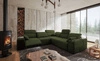 Rohová sedací souprava s funkcí spaní Tesalia III Lux zelená levá pohodlná rohová sedací souprava s výsuvnou podnožkou a posuvnou funkcí opěradla