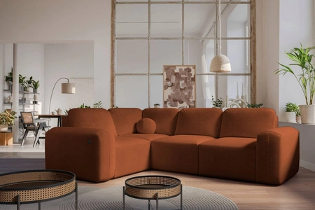 Rohová sedací souprava s funkcí spaní Arbon II cihlově červená levý roh stylový design výrazný zaoblený tvar nádoba na lůžkoviny