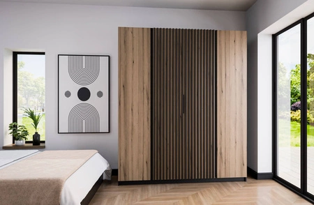 Šatní skříň Kastano XIII 200 cm černá / dub evokuje moderní design kovové hrany úchytek dveře šatní skříně zdobené černými lamelami