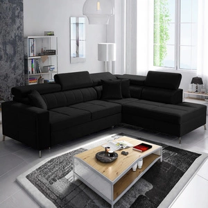 Rohová sedací souprava s funkcí spaní Nausa III černá pravá sametová stylová pohodlná rohová sedací souprava nastavitelné opěrky hlavy nádoba na lůžkoviny