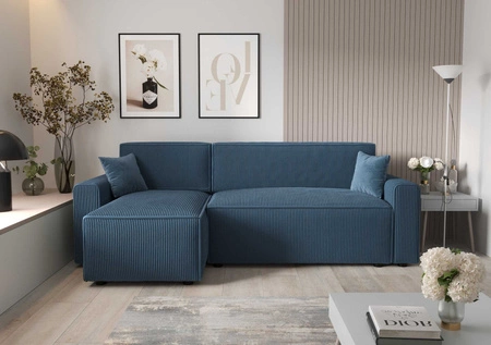Rohová sedací souprava s funkcí spaní Brandon Bis modrá levá trojrozměrná tkanina s výrazným pruhovaným kontejnerem na lůžkoviny