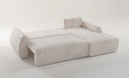 Rohová sedací souprava s funkcí spaní Colio medová pravá strana stylová rohová sedací souprava se zajímavým tvarem velurová látka dekorativní polštář koule