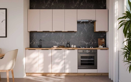 Sada kuchyňského nábytku Soela 260 cm elegantní kuchyňské skříňky v jemných a přírodních barvách úchyty s kovovými hranami