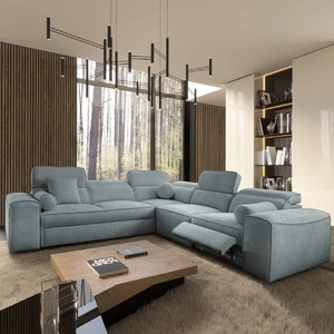 Rohová sedací souprava s funkcí spaní Viano III Lux šedomodrá pravá moderní rohová sedací souprava s výsuvnou podnožkou kontejner na ložní prádlo