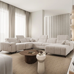 Rohová pohovka s funkcí spaní Penejos VIII béžová pravá strana stylové rohové rozkládací pohovky z odolné tkaniny