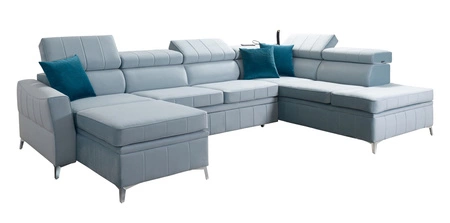 Rohová pohovka s funkcí spaní Rava VI azurová levá Praktická a moderní rohová pohovka vybavená multifunkční lampou