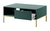 Konferenční stolek Lovro pastelově zelený se zásuvkami moderní design deska odolná proti polití zlaté kovové nohy