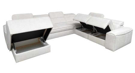 Rohová sedací souprava s funkcí spaní Viano VIII šedomodrá levá moderní rohová sedací souprava se zajímavým designem kontejnerů na lůžkoviny