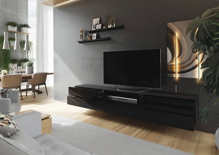Závěsná RTV skříňka Lutra 258 cm černá / lesklá černá s policemi stylová designová TV skříňka s vysoce lesklými čely