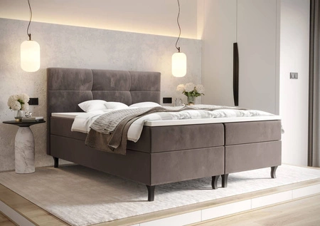 Světle hnědá kontinentální postel Melba 140x200 v moderním skandinávském stylu s výrazným čelem