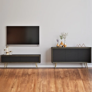 Nábytková sestava Nevea black graphite elegantní nábytek do obývacího pokoje s výraznými barvami bezúchytkové skříňky obohacené designovým lemováním