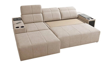 Rohová sedací souprava s funkcí spaní Tesalia medová levá moderní design pohodlný posuvný opěrák zásuvka v boku nábytku