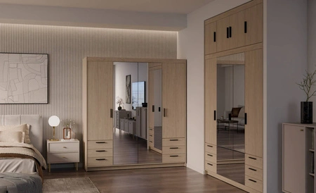 Šatní skříň Rene 176 cm olejovaný dub stylový design ABS hrany šatní skříň se zrcadlem do ložnice nebo šatny prostorné zásuvky