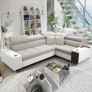 Rohová pohovka s funkcí spaní Dafni II světle béžová / bílá sametová pravá rohová pohovka s úložným prostorem na lůžkoviny a zásuvkou v bočnici