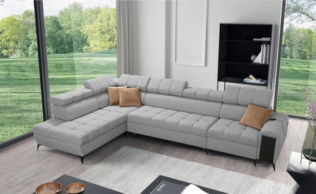 Rohová rozkládací pohovka s funkcí spaní Bolmso XI šedá levá stylová designová rohová rozkládací pohovka se zásuvkou a kontejnery na lůžkoviny