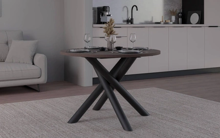 Kulatý stůl Lyon 110 cm wisconsin ořech / černý designový jídelní stůl kovové pavoučí nohy výškově nastavitelné