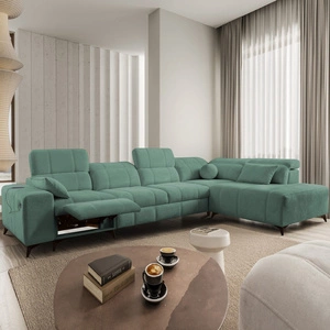 Rohová sedací souprava s funkcí spaní Penejos XI Lux zelená pravostranná stylová rohová sedací souprava s pohodlným výsuvným podnožníkem