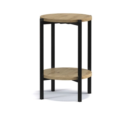 Kulatý konferenční stolek 44 cm Sampi dub artisan s přídavnou policí světlý design kovová podnož nádherná dekorace každého interiéru