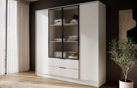 Šatní skříň Corse 206 cm béžová moderní designová šatní skříň se skleněnými předěly ideální pro šatní skříň v ložnici a kancelářskou skříň s policemi