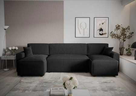 Rohová sedací souprava s funkcí spaní Brandon U Bis černý kontejner na lůžkoviny trojrozměrná látka s výraznými pruhy měkké područky