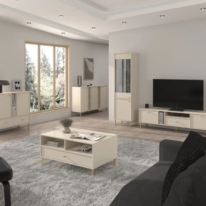 Obývací sestava Kioto II béžová stylový design elegantní nábytek v tlumených barvách obohacený zlatými vysokými nožkami