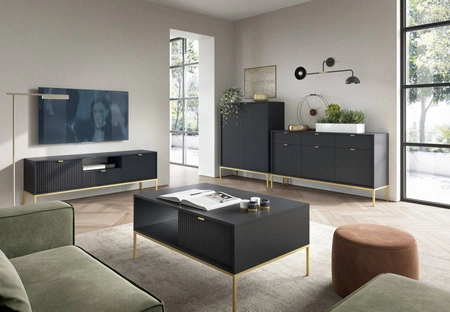 Nábytková sestava Lovro černá moderní designová nástěnná skříňka obohacená o zlaté kovové doplňky nábytek do obývacího pokoje nebo obývacího pokoje