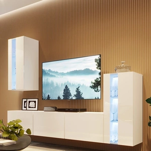 Tesalia bílá / bílý lesk nástěnná skříňka moderní a stylová geometricky řešená nástěnná skříňka jednoduché tvary nábytkových dílů