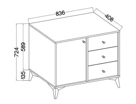 Zásuvková komoda Kioto I 84 cm eukalyptus moderní design decentní černé úchyty kovová základna ideální komoda do obývacího pokoje