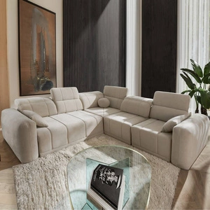 Rohová sedačka s funkcí spaní Cetara III béžová pravá ergonomická rohová sedačka s posuvným opěradlem a nastavitelnými opěrkami hlavy