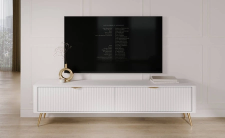 RTV skříň Lante 200 cm bílá moderní design korpusu na vysokých nohách rýhované čelo charakteristický oválný tvar