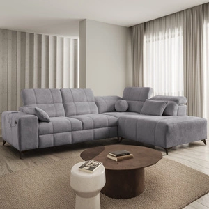 Rohová sedací souprava s funkcí spaní Penejos VII světle šedá pravá stylová rohová sedací souprava s úložným prostorem na lůžkoviny pohodlné polohovatelné opěrky hlavy