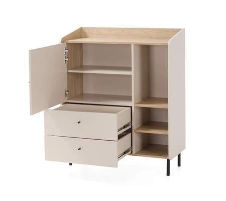 Komoda Olivio 95 cm eukalyptus / baltický dub dune ideální komoda do ložnice obývacího pokoje nebo pokoje pro mládež černé úchyty