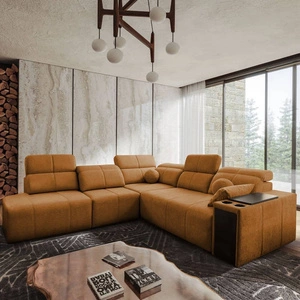 Rohová sedací souprava s funkcí spaní Tesalia IX medová levá moderní design pohodlný posuvný opěrák zásuvka v boku nábytku