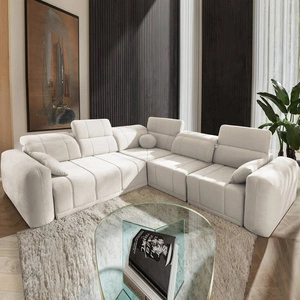 Rohová sedačka s funkcí spaní Cetara III krémová pravá ergonomická rohová sedačka s posuvným opěradlem a nastavitelnými opěrkami hlavy