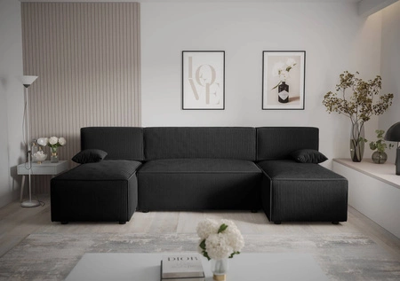 Rohová sedací souprava s funkcí spaní Brandon U černá ložní souprava trojrozměrná látka s výraznými pruhy